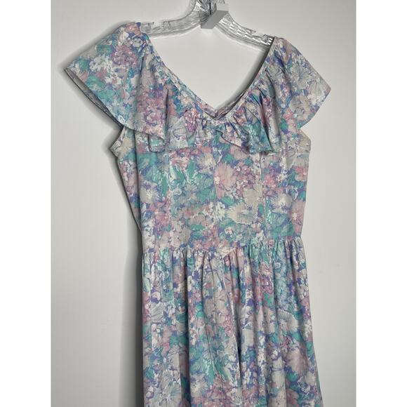 Vintage Lerner Pastel Floral Ruffle Midi Dress Made in USA cottagecore medium - Picture 4 of 14